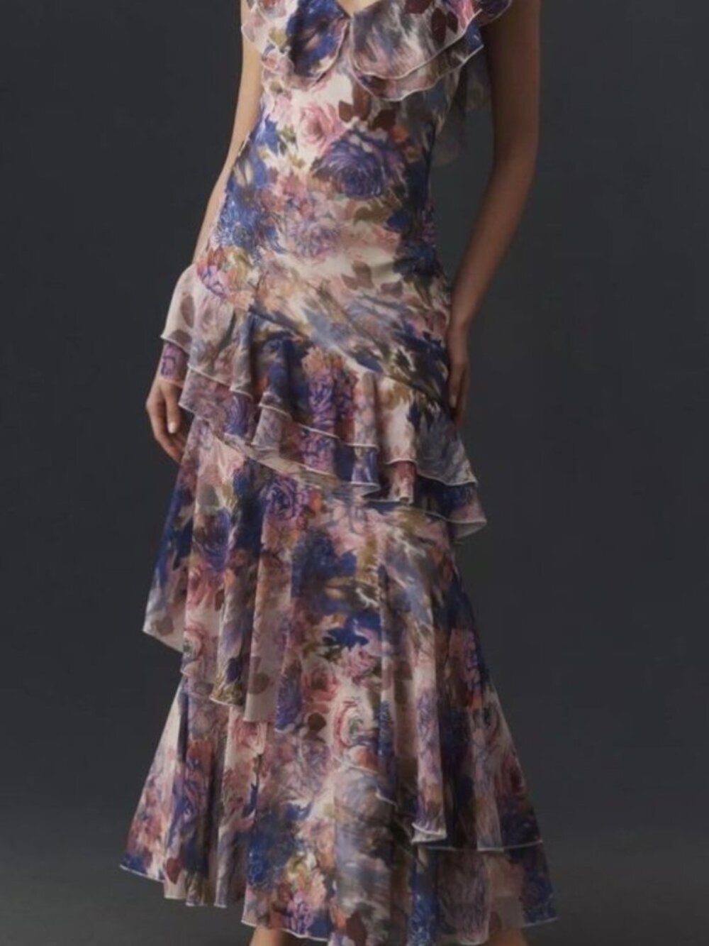 BHLDN by Anthropologie Gaia Maxi Dress Womens Small Asymmetric Ruffled Floral